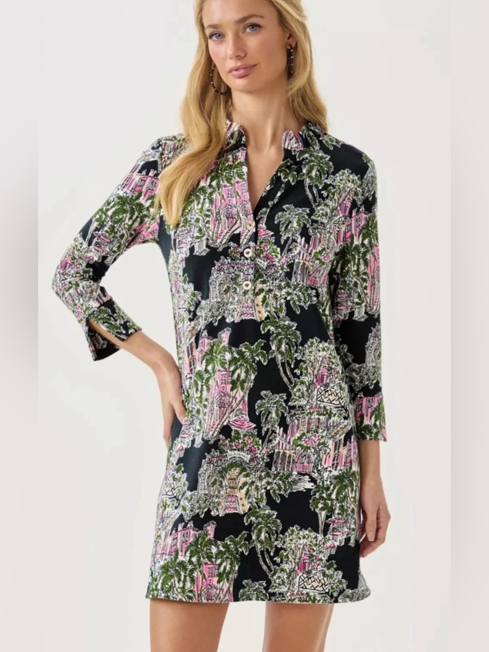 Lilly Pulitzer KNIGHTLEY Black Tunic Dress with Pink & Green Tropical Motif=